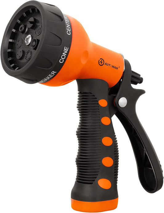 -Garden-Hose-Nozzle,Abs Water Spray Nozzle with Heavy Duty 7 Adjustable Watering Patterns,Slip Resistant for Watering Plants,Lawn& Garden,Washing Cars,Cleaning,Showering Pets - Orange