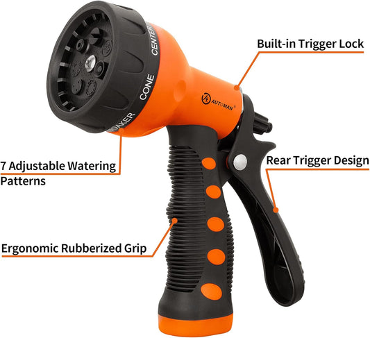 -Garden-Hose-Nozzle,Abs Water Spray Nozzle with Heavy Duty 7 Adjustable Watering Patterns,Slip Resistant for Watering Plants,Lawn& Garden,Washing Cars,Cleaning,Showering Pets - Orange